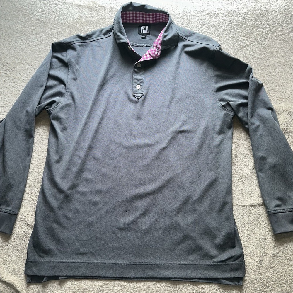 FootJoy FJ Mens Large Gray Long Sleeve Golf Polo Pink Gingham Trim 22759 - Picture 2 of 10